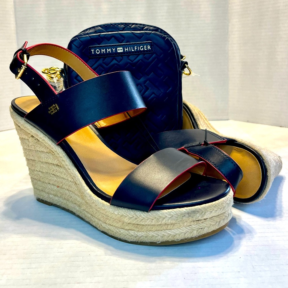 Blue Tommy Hilfiger Wedge Heels & Cross Body Purse W/Wallet Set.